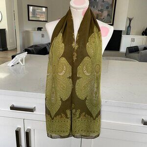 Vintage Sheer Paisley Print Scarf Olive Green White Tan No Tags Sz OS - no tags